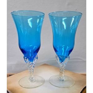 Two Italian Blown Wine Glasses Blue Art Glass with Clear Twisted Stems